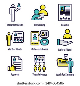 Employee Referral Process Icon Set with Networking, Recommendation, and reference