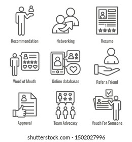 Employee Referral Process Icon Set With Networking, Recommendation, And Reference