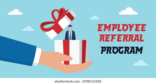 Employee Referral Program banner showing new referred employee as gift. Office and staff concept.