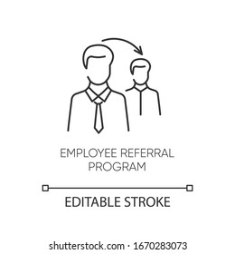 Employee referral program pixel perfect linear icon. Thin line customizable illustration. Workforce search, referal recruitment contour symbol. Vector isolated outline drawing. Editable stroke