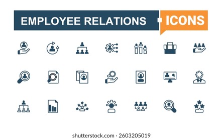 Employee Relations vector icon set. Containing employment, recruitment, hr, resource, team, man and more. Human Resources line icon set. Set of line pictogram. Solid line editable stroke.