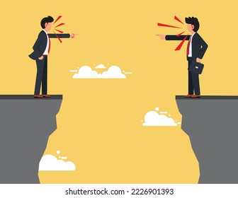 Employee relationship problems in the organization. Two businessmen are arguing while standing on a cliff.