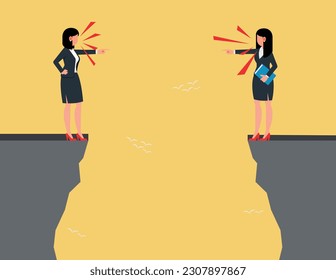 Probleme bei der Mitarbeiterbeziehung in der Organisation. Zwei Geschäftsfrauen streiten sich, während sie auf einer Klippe stehen.