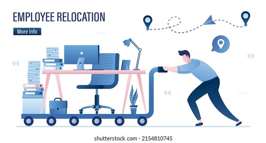 Employee Relocation. New Job Offer. Recruitment. Businessman Or Manager Pushing Cart With Office Workplace. Global Relocation Of Business. Globalization, Horizontal Banner. Flat Vector Illustration