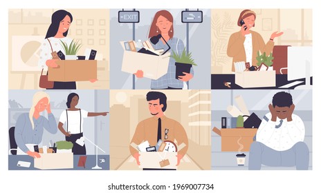 Employee Replacement, Dismissal Vector Illustration Set. Cartoon Young Sad Or Happy Business People Dismissed From Job, Holding Box Of Things, Man Woman Fired Staff Characters Leave Office Background