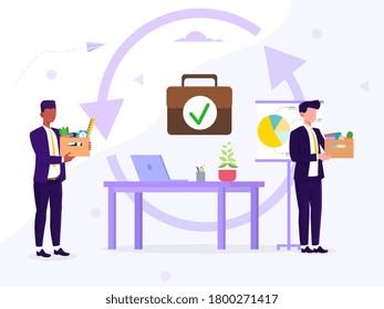 Employee replacement due to transfer or retirement or hiring and firing concept with businessmen arriving and leaving an office, colored vector illustration