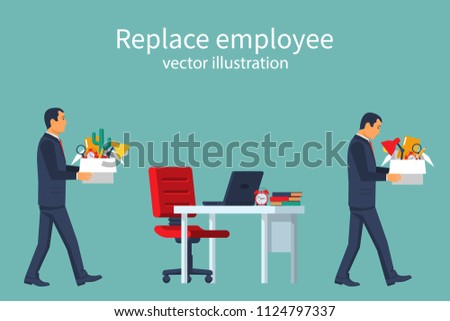 Employee Replacement. Turnover workers. Vector illustration flat design. Isolated on white background. Business people. A person goes to a new workplace. Free vacancy.
