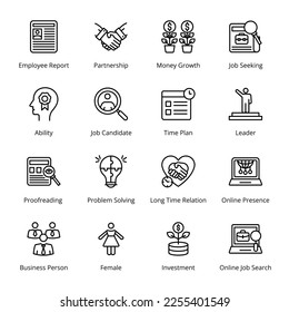 Employee Report, Partnership, Money Growth, Job Seeking, Proofreading, Problem Solving, Long Time Relation, Online Presence, Investment, Online Job Search, Outline Icons - Stroked, Vectors