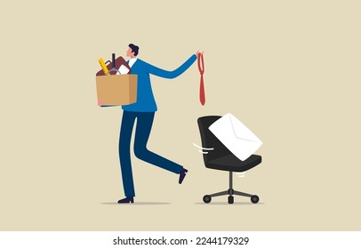 Employee resign, quit or leaving company. Businessman leaving the office. Unemployed with her cardboard box walking out of the work office.