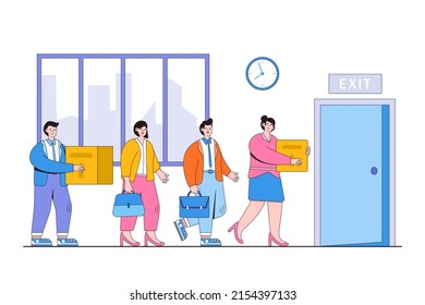 Employee resigning, quitting, leaving a firm, people management, and human resources problem concepts illustrations. Business people in corporate quit and exit through the exit door.