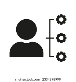 Employee Responsibility, Person with Gears Silhouette Icon. Management, Business Operation Glyph Pictogram. Marketing Strategy Solid Sign. Flowchart Symbol. Isolated Vector Illustration.