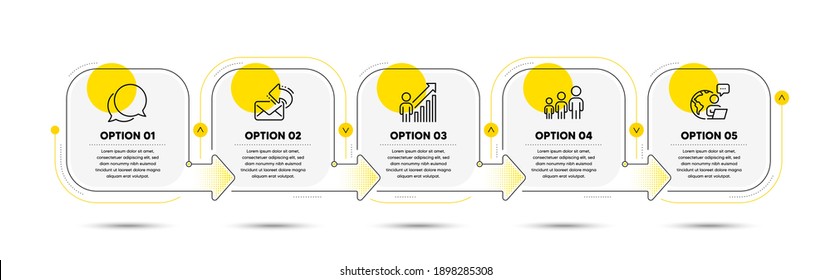 Employee result, Business hierarchy and Share mail line icons set. Timeline process flowchart. Chat message sign. Business growth, Organization, New e-mail. Speech bubble. Education set. Vector