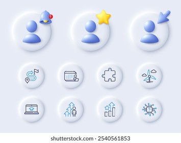 Resultado de empleado, educación de Sitio web e íconos de línea de viaje. Marcador de posición con cursor 3d, campana, estrella. Paquete de rompecabezas, turbina de molino de viento, icono de inteligencia artificial. Vector