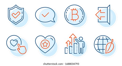 Resultados de empleados, signos de botón Bitcoin y Like. Conjuntos de iconos de línea confirmada, mensaje aprobado y corazón. Día del medio ambiente, Sintonizar símbolos. Calificación de estrella, chat aceptado. Conjunto tecnológico. Vector