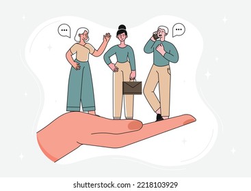 Employee retention concept. Large hand holds man and women. Boss takes care of his subordinates and creates comfortable conditions for efficient work process. Cartoon flat vector illustration