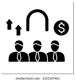 Employee retention glyph icon. Actions to keep employees motivated and focused. Wage growth. Fully productive workers.Talent management.Filled flat sign. Isolated silhouette vector illustration