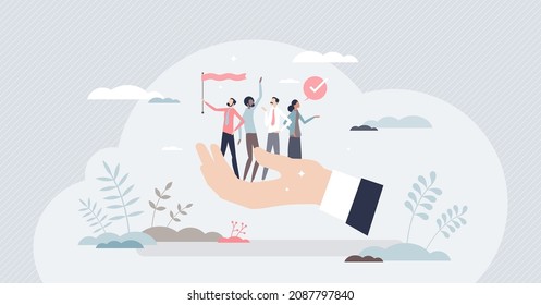 Employee retention or labor motivation to stay in work tiny person concept. Staff loyalty, workforce protection and human resources care vector illustration. Keeping high satisfaction for hired people