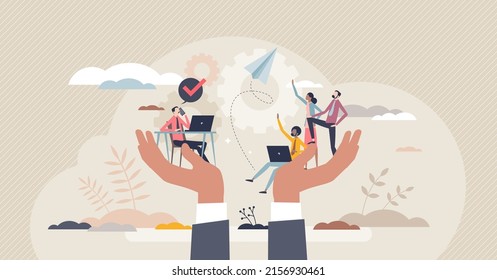 Employee retention and save company loyal workforce tiny person concept. Staff satisfaction and insurance from HR or leader vector illustration. Keep protected and motivated colleagues with assurance. - Shutterstock ID 2156930461