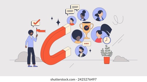 Employee retention strategies for loyal work team retro tiny person concept. Human resources campaign for personnel and staff motivation factors vector illustration. Personal benefits as magnet.