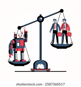 Employee and robot being weighed, flat cartoon. Suitable for career and business