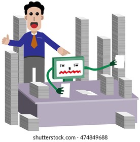 Employee and robots with stacks of paper.