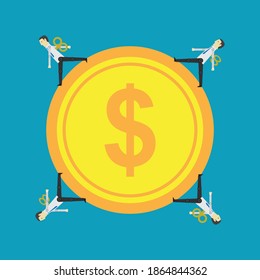 Employee robots walk around the salary, Vector illustration in flat style