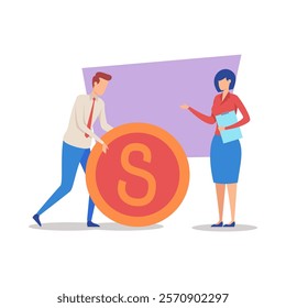 Employee rolling dollar coin to his female boss vector illustration. Man earning money, woman with clipboard calculating profit. Business, teamwork, leadership, finance concept