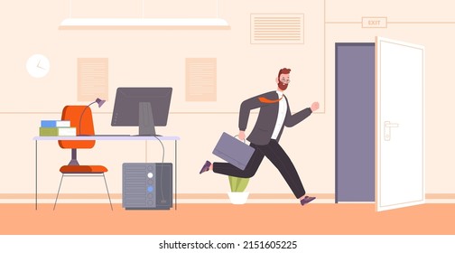 Employee run away office. Worker with suitcase leaving work desk running to exit door on lunch break or home way, end job time, staff workspace evacuation vector illustration of person away office