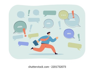 Employee running among speech bubbles and exclamation marks. Deadline for busy man with briefcase flat vector illustration. Communication, office concept for banner, website design or landing web page
