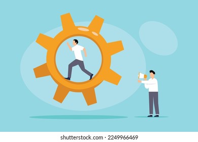 Employee running in a cog wheel being yelled at by his manager 2d vector illustration concept for banner, website, illustration, landing page, flyer, etc