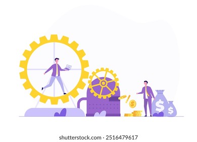 Employee running in a hamster wheel,  rat race concept. Vector illustration.