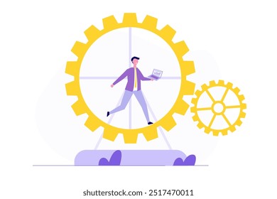 Employee running in a hamster wheel,  rat race concept. Vector illustration.