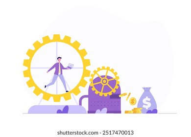 Employee running in a hamster wheel,  rat race concept. Vector illustration.