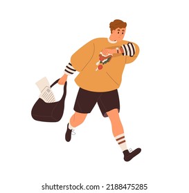 Employee running, late for work, eating fast food on the go. Person hurrying with unhealthy snack, sandwich in hand. Hectic pace of life concept. Flat vector illustration isolated on white background.