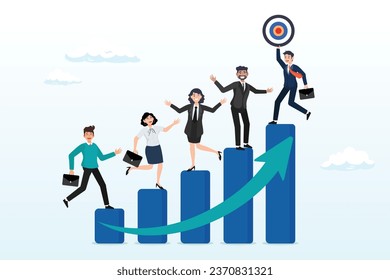 Employee running on growth graph to reach manager target, career development, growth or step to reach goal, ladder to stairway to achieve target, employee engagement, challenge or inspiration (Vector)