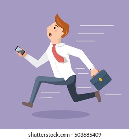 Employee rush to the office and run to the beginning of the working day. Business man late for an appointment. Vector illustration in a flat style.