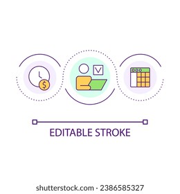 Icono de concepto de bucle de cálculo salarial de empleado. Pago por turno de trabajo. Compensación para la ilustración de la línea delgada de la idea abstracta del trabajador. Dibujo de contorno aislado. Trazo editable. Tipo de letra arial utilizado