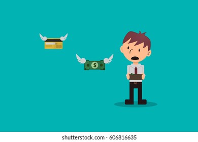 Employee salary flies from wallet, credit card, coins, economy concept
