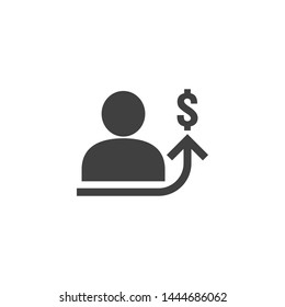 Employee Salary Increase Icon On White Background With People, Arrow Up Graphic And Dollar Money Symbol. Raise Revenue Business Cost Concept. Investment Growth Or Rising Prices Vector Illustration.