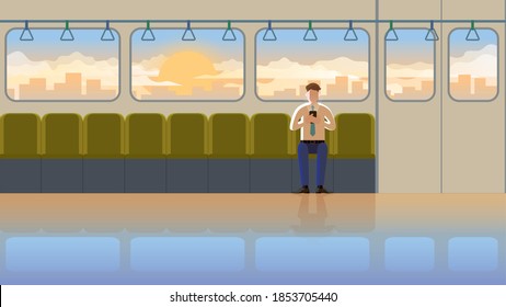 Employee salary man using smart phone while going to office. Alone at the first train public transportation in the early morning sunrise. Daily routine of people city lifestyle of diligent work hard.