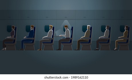 Employee salaryman working alone with laptop notebook while the other passengers are asleep in a plane cabin. A business trip lifestyle of work hard overtime and overwork in the dark and small light.