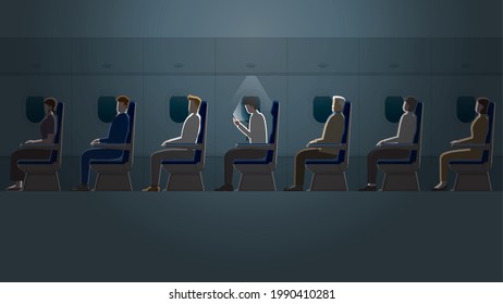 Employee salaryman working alone with the smartphone while the other passengers are asleep in a plane cabin. A business trip lifestyle of work hard overtime and overwork in the dark and small light.