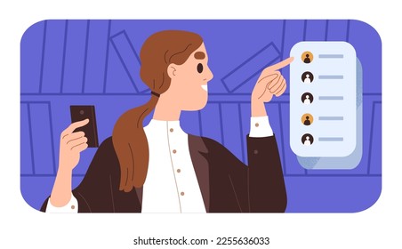 Employee, sales manager calling client, customer. Office worker scrolling contact list of contractors, partners on mobile phone, smartphone at work. Businesswoman, cellphone. Flat vector illustration