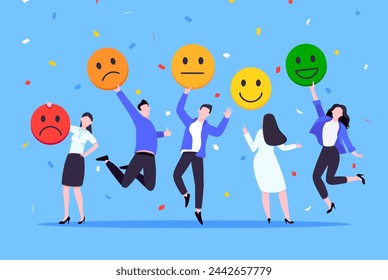 Employee satisfaction attitude survey feedback business concept flat style vector illustration. Business people with various feedback emoticons. Working happiness wellbeing and satisfaction feedback