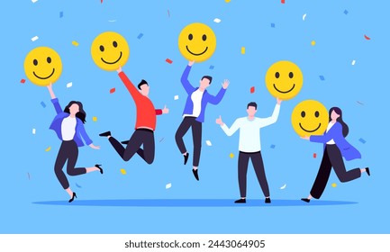 Ilustración vectorial de estilo plano de concepto de negocio de la encuesta de actitud de satisfacción del empleado. Personas de negocios con diversos emoticonos de retroalimentación. Felicidad laboral, bienestar y satisfacción