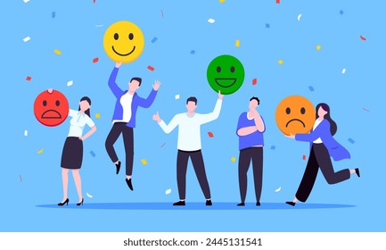 Employee satisfaction attitude survey feedback business concept flat style vector illustration. Business people with various feedback emoticons. Working happiness wellbeing and satisfaction feedback