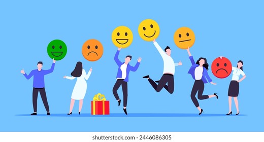 Satisfacción del empleado actitud Encuesta Comentarios concepto de negocios Ilustración vectorial de estilo plano. Empresarios con diversos emoticones de Comentarios. Trabajo felicidad bienestar y satisfacción Comentarios