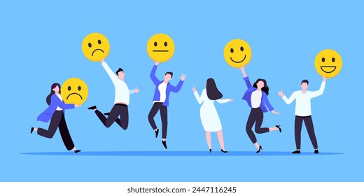 Employee satisfaction attitude survey feedback business concept flat style vector illustration. Business people with various feedback emoticons. Working happiness wellbeing and satisfaction feedback