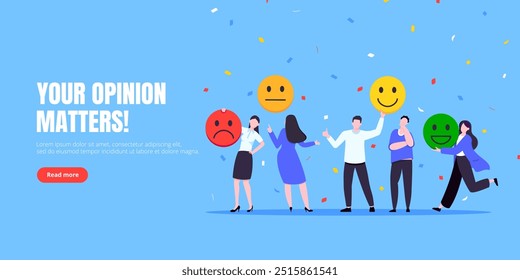 Employee satisfaction attitude survey feedback business concept flat style vector illustration. Business people with various feedback emoticons. Working happiness wellbeing and satisfaction feedback