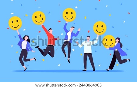 Employee satisfaction attitude survey feedback business concept flat style vector illustration. Business people with various feedback emoticons. Working happiness wellbeing and satisfaction feedback